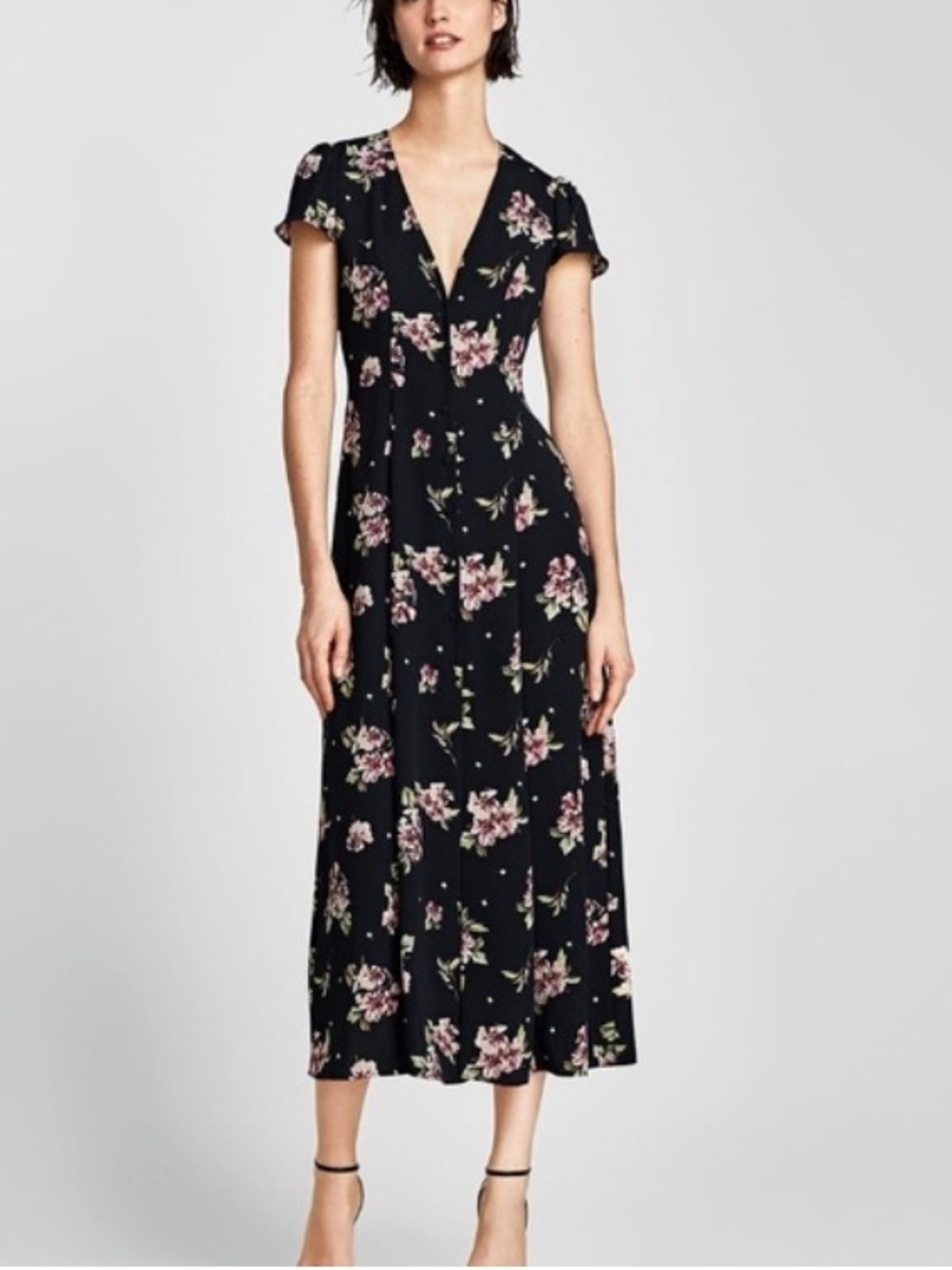 Zara Black Floral Maxi Dress with Pink Blossoms size M